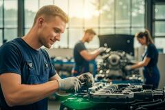 A man is engaged in fixing a car engine in a factory, with various tools and machinery visible in the background. AI generated.