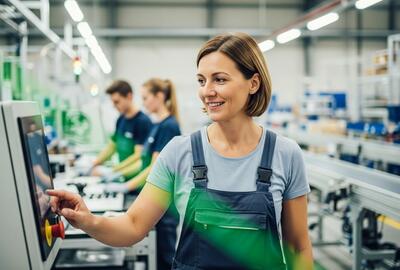 Woman operating on the computer on production site