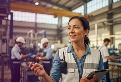 Woman walking and checking on production site