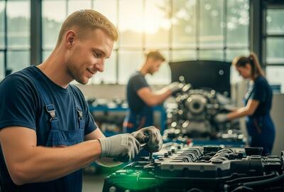 A man is engaged in fixing a car engine in a factory, with various tools and machinery visible in the background. AI generated.
