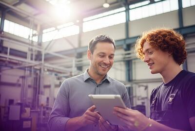 Two men in an industrial setting reviewing information on a tablet, with warehouse equipment visible around them. AI generated.